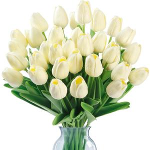 Sggvecsy 15 Pcs Fake Tulips Artificial Flowers Real Touch PU Faux Flowers Tulip Stems for Wedding Spring Bouquet Floral Arrangement Home Party Office Decorations for Mother's Day (Milk White)