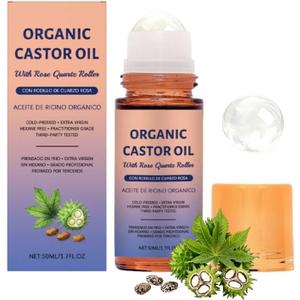 Organic Castor Oil Roll On with Quartz Roller,Cold Pressed Moisturizing Oil | For Face,Body, Neck & Under Eye Care, Smooth-Glide Massage Roller, 50ml / 1.7 fl oz