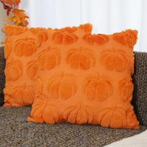 Fall Halloween Throw Pillow Covers 18x18 inch Set of 2 Pumpkin Decorative Pillow Cases Plush Faux Fur Wool Couch Cushion Case for Chair Sofa Bedroom Living Room Home Decor (Orange Pumpkin)