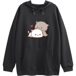 Wrenpies Cute Cat Graphic Hoodies Aesthetic Hooded Sweatshirts for Teen Girls Kawaii Cartoon Anime Lightweight Pullover Tops (Black, L)