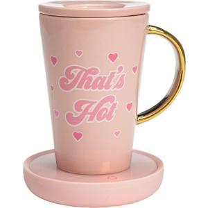Paris Hilton Electric Mug Warmer Set, Electric Gravity Mug Warmer with 14-Ounce Ceramic Coffee Mug with Lid, Heat Sensitive Color Changing Design, Auto-Shut Off, 3-Piece Set, Pink and Gold