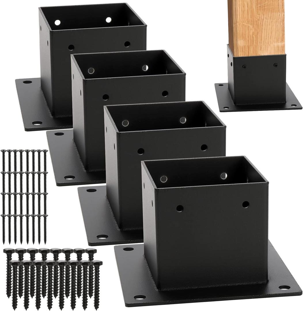 Yesland 4 Pack 4 x 4 Post Base, Inner Size 3.6 X 3.6 Inch Iron Post Bracket with Black Coating Heavy Duty Flange Anchor Base, Support Deck Base with Screws for Pavilion, Deck Railing, Fence, Mailbox