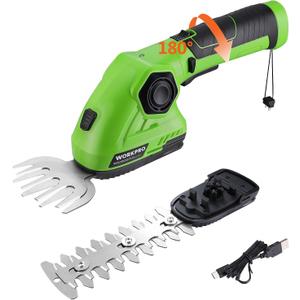 WORKPRO Cordless Grass Shear & Shrubbery Trimmer - 2 in 1 Handheld Hedge Trimmer 7.2V Electric Grass Cutter 2.0Ah Rechargeable Lithium-Ion Battery and USB Cable Included (Green)