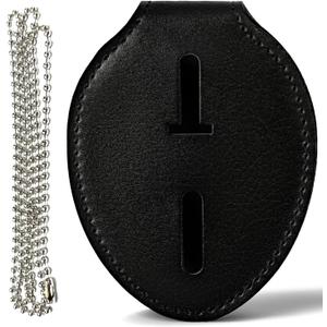 Genuine Leather Police Badge Holder with Belt Clip and Neck Chain, Universal Recessed Heavy Duty Badge Holder for Law Enforcement,Sheriff-Oval