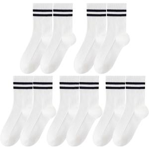 5 Pairs Solid Color Two Stripe Crew Socks Casual Athletic Socks for women Girls (6-10, White)