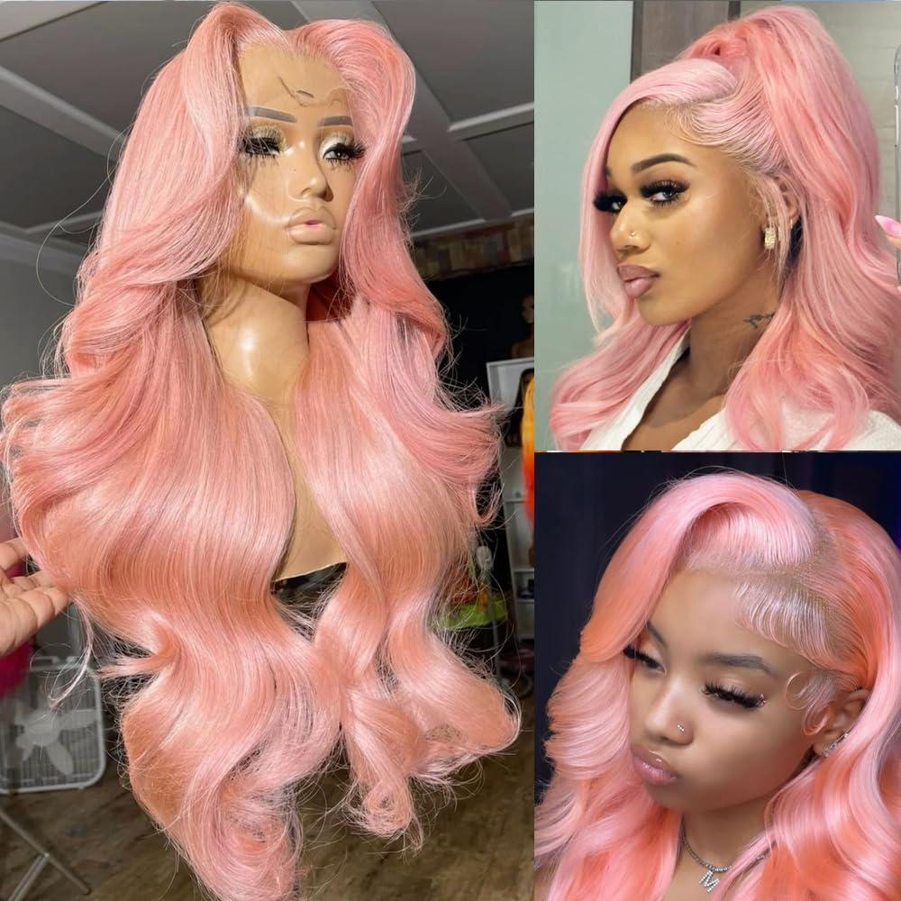 Pink Wig Synthetic Lace Front Wig Light pink Glueless wigs for Women 13X4 Pre Plucked Pre Cut Wavy Wig