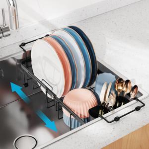 iSPECLE Small Sink Dish Drying Rack, Expandable Compact Rust Resistant Dish Drainer for RV Apartment Kitchen, Dish Rack with Tightening Knob, Arms with Non Slip Rubber, 9.1" W x 12.2"-17.3" L, Black