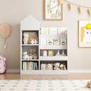 Wooden Bookshelf Organizer with Bookcase, Kid's Storage Unit with 6 Compartments 2 Baskets Bins Toys Box Organizerfor Bedroom, Playroom, Nursery-White