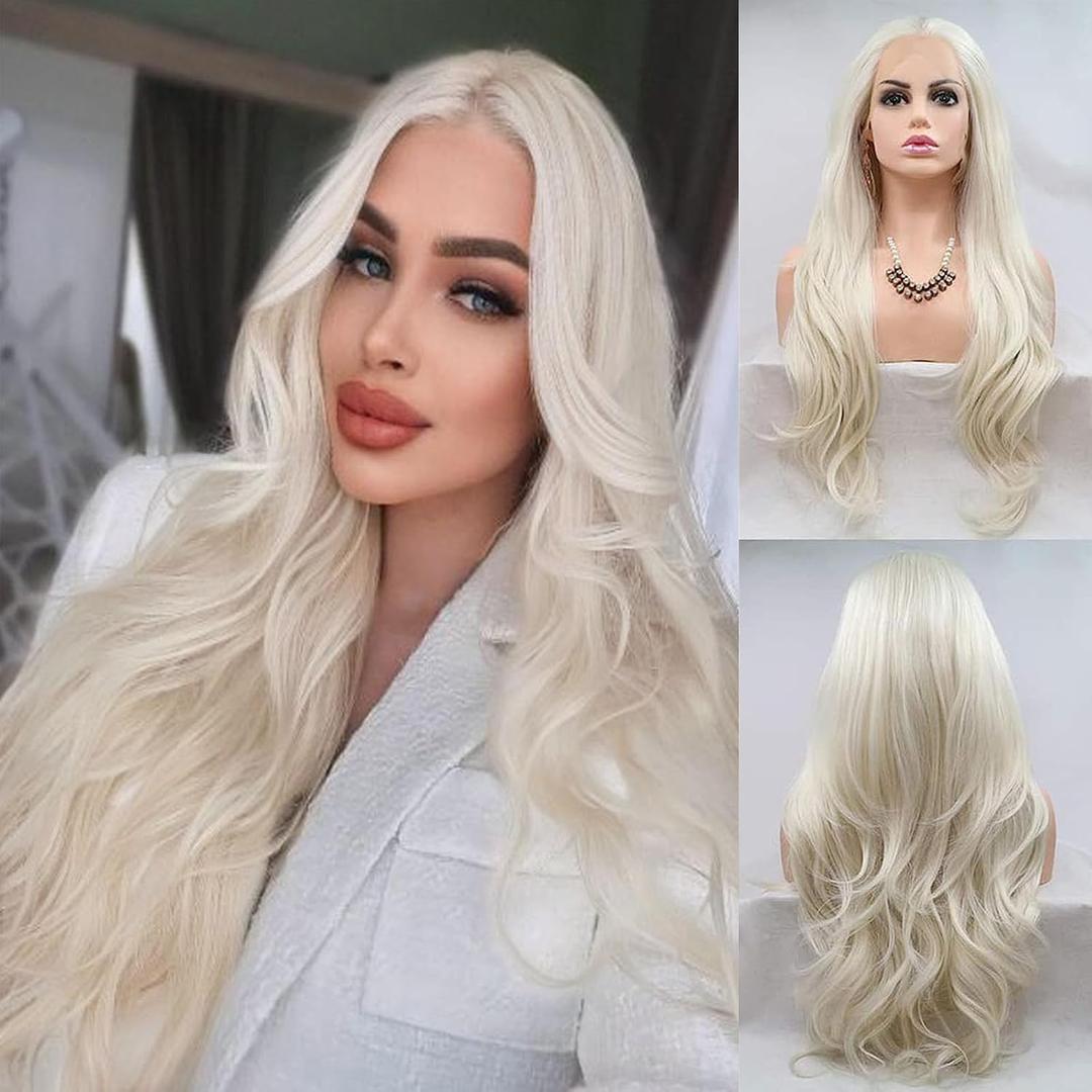 Platinum Blonde Lace Front Wigs Pre Plucked 60# Wavy White Lace Front Wig Snow White Curly Ling Wigs for White Women Glueless Heat Resistant Blonde Synthetic Lace Front Wig 24inch