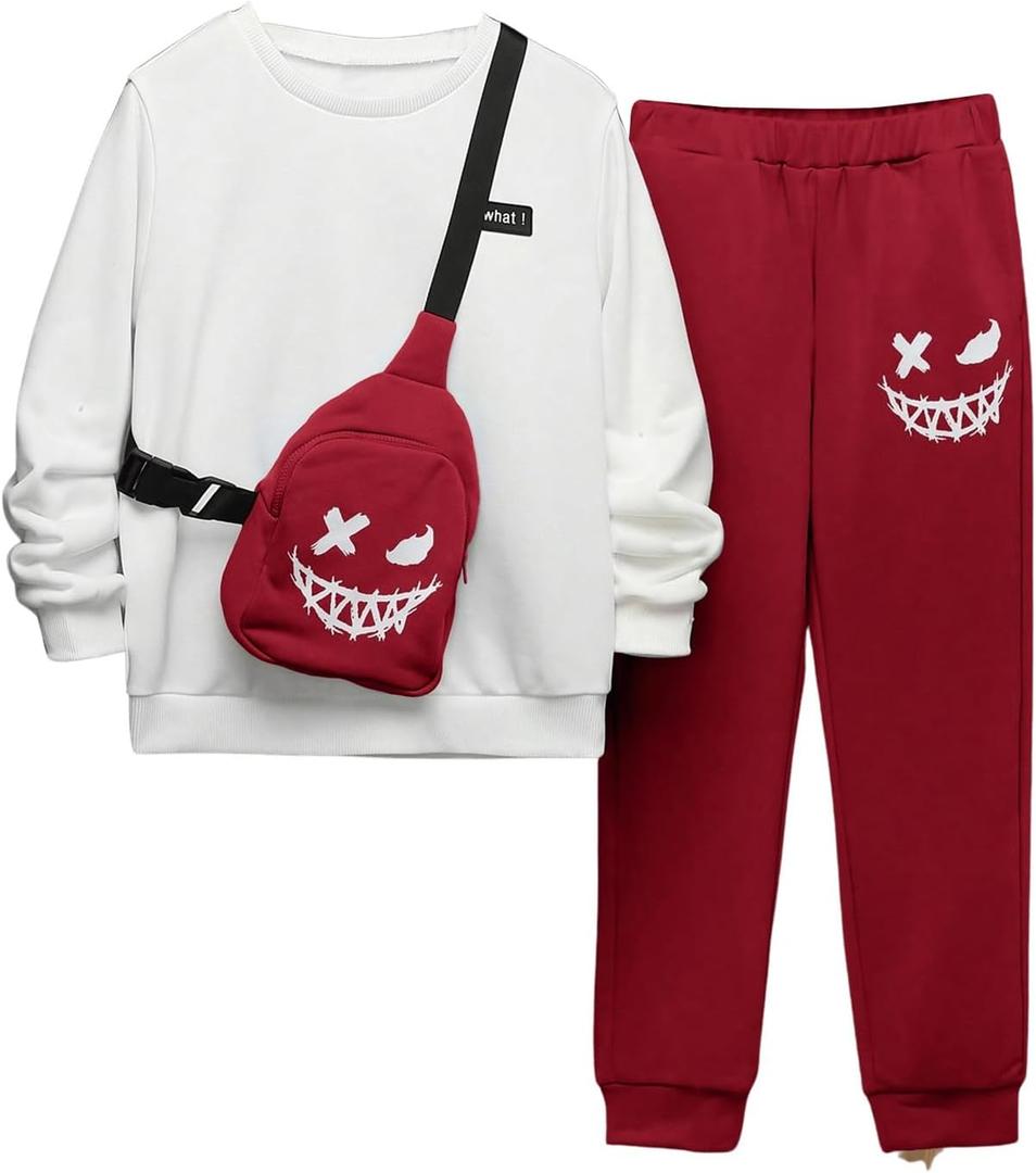 SweatyRocks Boy's 2 Piece Outfits Letter Graphic Long Sleeve Sweatshirt and Pants with Crossbody Bag Red 10Y
