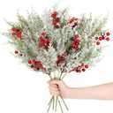 CCINEE 6 PCS Snowy Artificial Pine Branches with Red and Black Berries, 19" Frosted Christmas Greenery Cedar Stems Faux Cedar Picks and Sprays for Vase Fillers Craft Wreath Christmas Decor