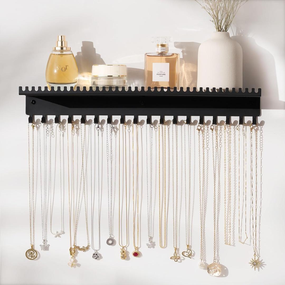 Necklace Holder Wall Hanging Organizer: Wall Mounted Jewelry Shelf with 56 Hooks and Tray, Display Hanger for Kids, Girls and Women, Black & Metal