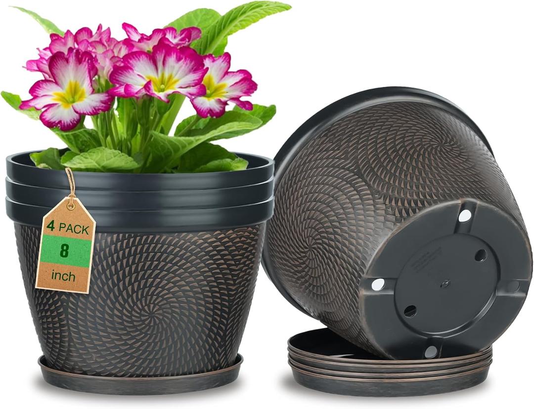 Quarut 4 Pack 8 Inch Flower Pots for Outdoor Indoor, Plastic Plant Pots with Drainage Hole & Saucer, Lightweight Small Flower Pot, Circle Pattern Planters for Garden House plantersBlack Copper