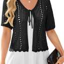 Yekaty Crochet Cardigans for Women Cropped Short Sleeve Tie Front Cardigan Lightweight Bolero Shrug Sweaters (Black, XXL)