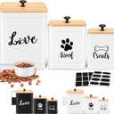 Metal Dog Treat Containers Set of 3 with Bamboo Lids and Spoon Airtight 7+3+2 lbs Dog Food Snack Jars with DIY Labels Big Pet Cookie Storage Jar for Kitchen Counter (Modern, White)