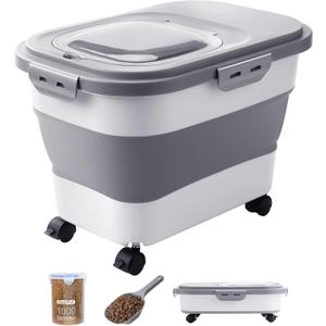 20-23 Lbs Dog Food Storage Container - Collapsible Dog Food Container with Attachable Casters and Scoop,Travel Silicone Bowl, Pet Food Storage Containers to Keep Dry Food Fresh,Easy to Move (Grey)