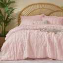 BEDELITE Queen Comforter Set 7 Pieces,Boho Bed in a Bag,Pink | Tufted Bed Set for All Seasons,Soft Farmhouse-Style Embroidery Bedding,Includes Flat & Fitted Sheets,2 Pillowcases & 2 Shams