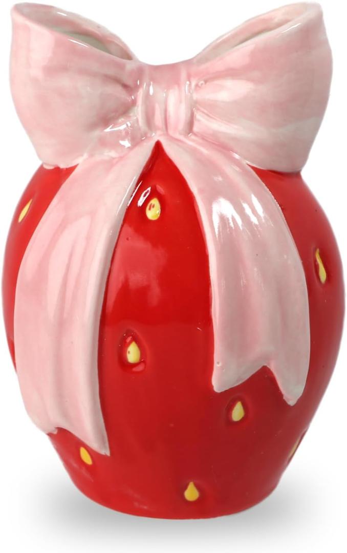 Ceramic Strawberry Vase with Bow Design, Unique Flower Vase for Home Decor in Red and Pink, Perfect for Vintage, Chinoiserie, and Floral Arrangements (Red, S)