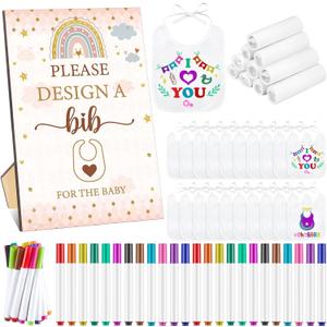 Qeeenar 50 Pcs Baby Shower Game White Bib Kit Include 1 Wooden Baby Shower Game Sign 25 DIY Blank White Bibs 24 Colorful Markers(Boho)