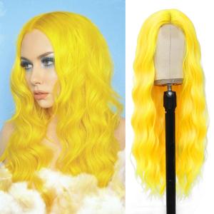 Long Yellow Wavy Wigs for Women Middle Part Yellow Wig 26 inch Natural Curly Synthetic Wig Heat Resistant Fiber Wigs for Daily Party Use