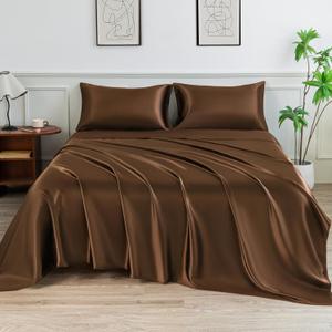 Satin Sheets Queen Size Bed Set,Similar to Silk Sheets,4Pcs Luxury Satin Sheet Set with 15 Inches Deep Pocket (Queen, Brown)