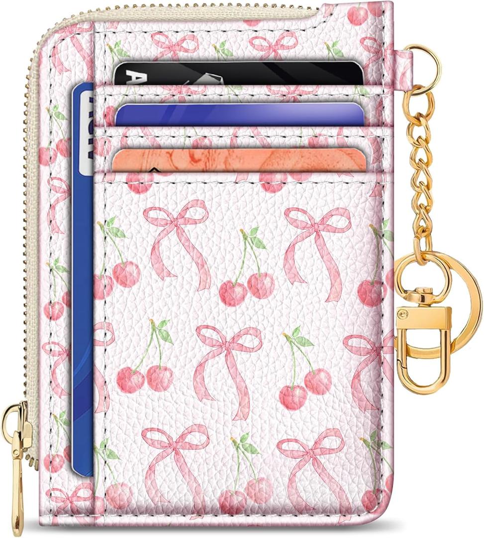 GIANCOMICS Slim Wallet Credit Card Holder Women, Cute Bow Rfid Small Card Case, Keychain Thin Pocket Curved Zipper Wallet, Travel Card Holder PU Leather ID Window, Girly Ladies Female Gifts