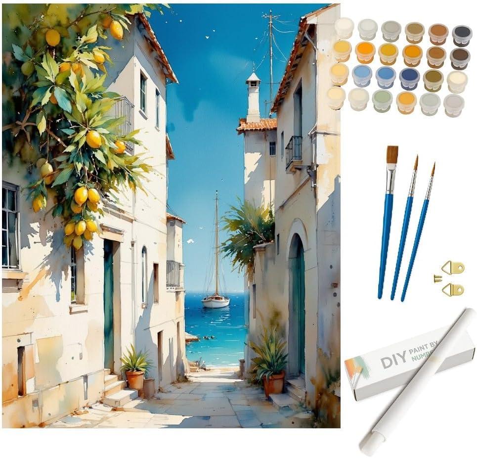 Travel Paint by Numbers Kit for Adults - DIY Coastal Village with Lemons and Sailboat Painting on Rolled Canvas 16x20In, Acrylic Paint Set, Suitable for Beginners, Art for Home Decoration or Gifts