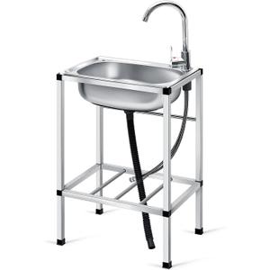 Tandefio Freestanding Outdoor Kitchen Utility Sink Set Stainless Steel Single Bowl Sink Commercial Restaurant Utility Portable Sink for Restaurant Cafe Bar Hotel Garage Laundry Room(Groovy)