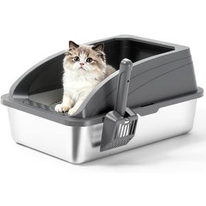 Stainless Steel Cat Litter Box with Lid, Metal Kitty Litter Box with Scoop, Non-Stick Base, Easy to Clean for Cat, Rabbit, Guinea Pigs and Hamsters - Dark Gray