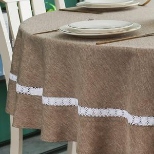 EHouseHome Heavy Duty Fabric Tablecloth with White Lace - Waterproof, Wrinkle Free, Stain Resistant, Oil Proof - for Dining, Indoor & Outdoor, Wedding, Holiday, Flax, Round 70 Inch (70" R, Flax)