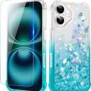Ruky for iPhone 16 Glitter Case with Screen Protector, Sparkle Flowing Liquid Quicksand Soft TPU Protective Girls Women Phone Cover, Gradient Teal