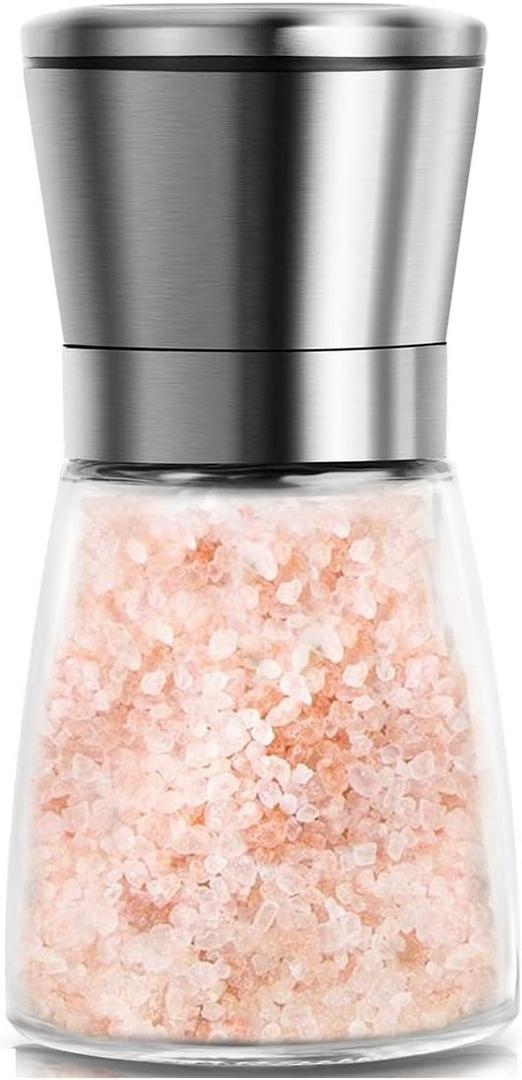 Mincham Manual Salt or Pepper Grinder for Professional Chef, Best Spice Mill with Stainless Steel Cap, Ceramic Blades and Adjustable Coarseness, Refillable Glass Body with 6OZ Capacity (Silver single)