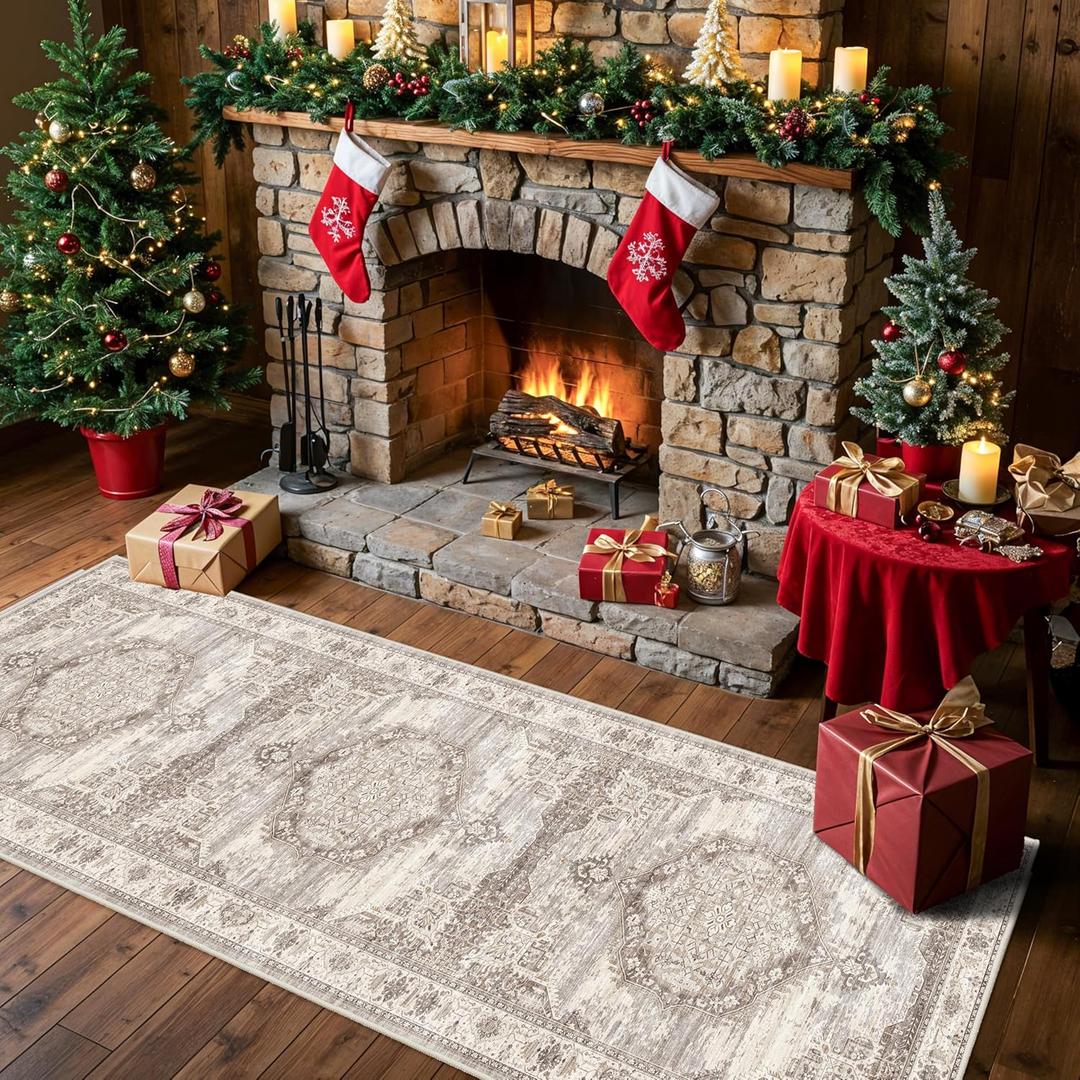 Washable 2x8 Hallway Area Rug: Vintage 8ft Water Resistant Soft Runner Rug for Entryway Kitchen Non-Slip Low Pile Carpet for Living Room Bedroom Thin Floor Mat for Bathroom Dining Room(Beige,2x8)