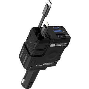 [Upgraded] Retractable Car Charger 4 in 1, with 2 Cables, Supports Super Fast Charging(Max 66W), 2 USB Ports Car Charger Adapter for iPhone 17/16/15/14/13/12 Pro Max, Fold7/6/S25/24, Pixel (Black)