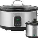 Kenmore Programmable 7 qt (6.6L) Slow Cooker with Dipper Sauce-Warmer, Black and Silver, Stainless Steel, Digital Display, One-Touch Controls, Braise, Simmer, Sous Vide, Stew, Soup, Chili, Curry, 7 Quarts