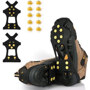 Ice Cleats, Ice Grips Traction Cleats Grippers Non-Slip Over Shoe/Boot Rubber Spikes Crampons with 10 Steel Studs Crampons + 10 Extra Replacement Studs (Large, Black)