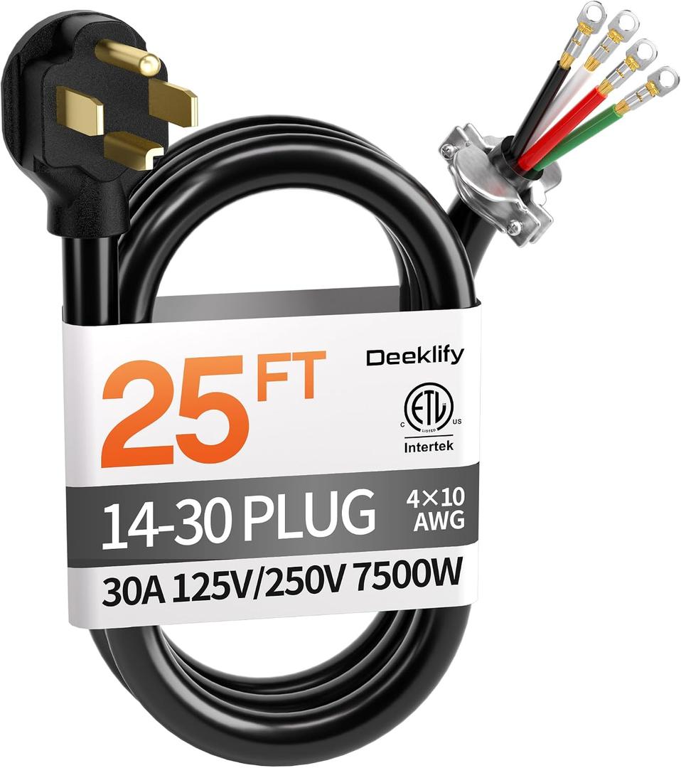 25 ft 4 Prong Dryer Cord, 30Amp 10 Gauge Dryer Power Cord Replacement, Pure Copper 4-Wire Extension Cord with NEMA 14-30P Plug and O-Ring Terminals, 250V 7500W, ETL Listed, Black STW