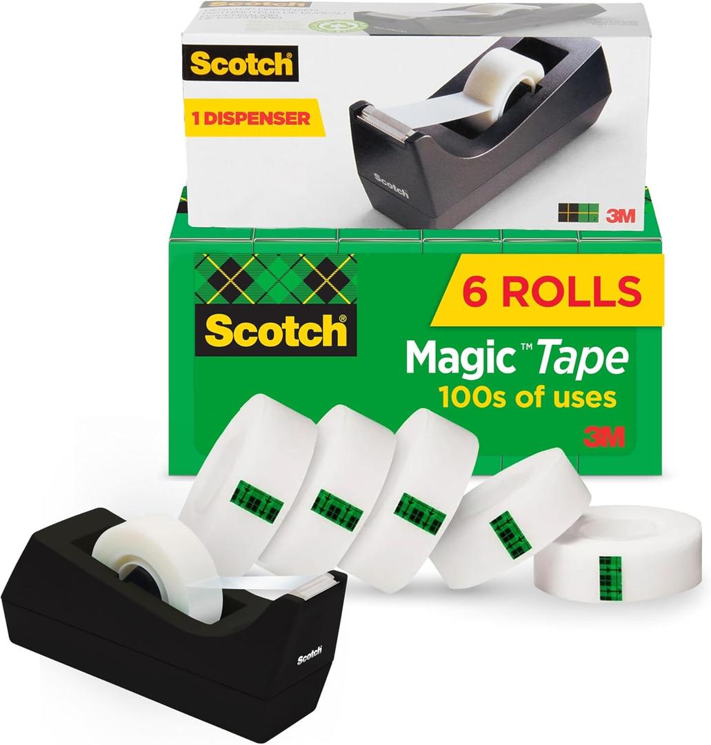 Scotch Magic Tape, 6 Rolls with Dispenser, Numerous Applications, Invisible, Engineered for Repairing, 3/4 x 1000 Inches, Boxed