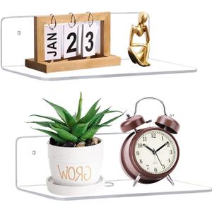Clear Acrylic Floating Shelf, No Drill Adhesive Wall Shelf Set of 2 for Storage, Floating Shelves Damage-Free Expand Wall Space for Living Room, Office, Gaming Room, Bathroom