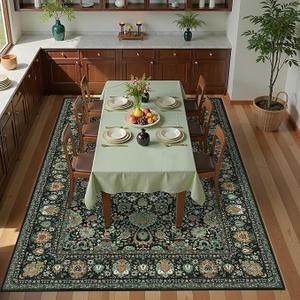 8x5  Rug, Non-Slip Vintage Boho Floral Carpet, Large Area Rug for Living Room, Soft Low-Pile Thin Living Room Rug for Bedroom, Dining Room, Nursery, Dark Green