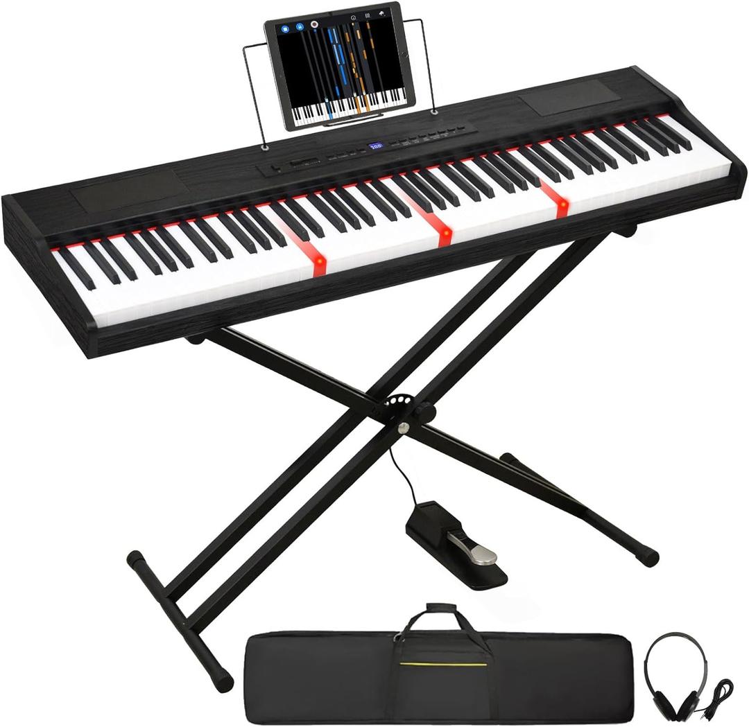 Digital Piano 88 Key Semi Weighted Keyboard, Piano Keyboard 88 Key for Beginners with Lighted Up Keys, Portable Electric Piano with Adjustable Stand,Carrying Case,Sustain Pedal,Headphone (Black), Full