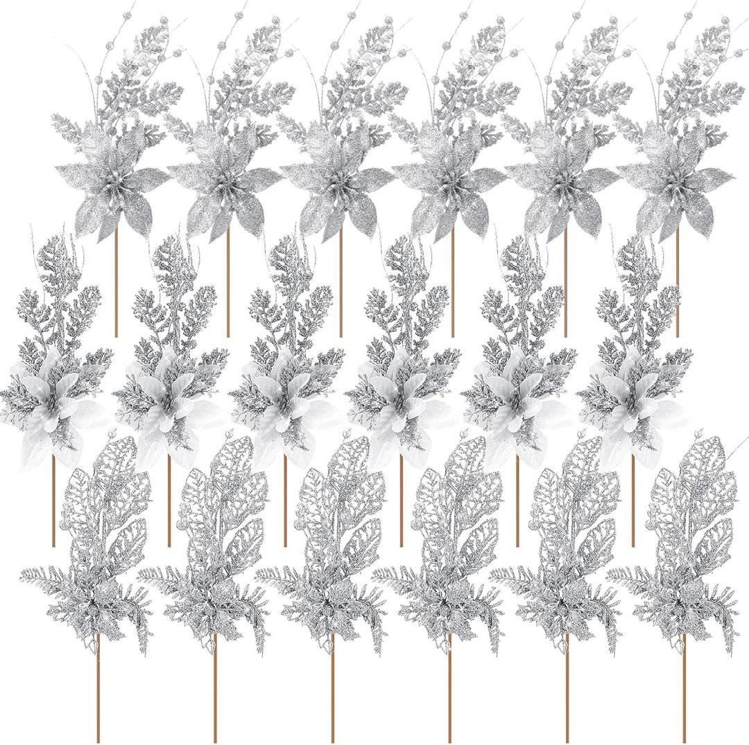 18 Pack 3 Styles 17 Inch Christmas Glitter Poinsettia Berry Stems Ornaments Artificial Floral Branches Picks for Christmas Tree Home Vase Holiday Party Decor(Silver)