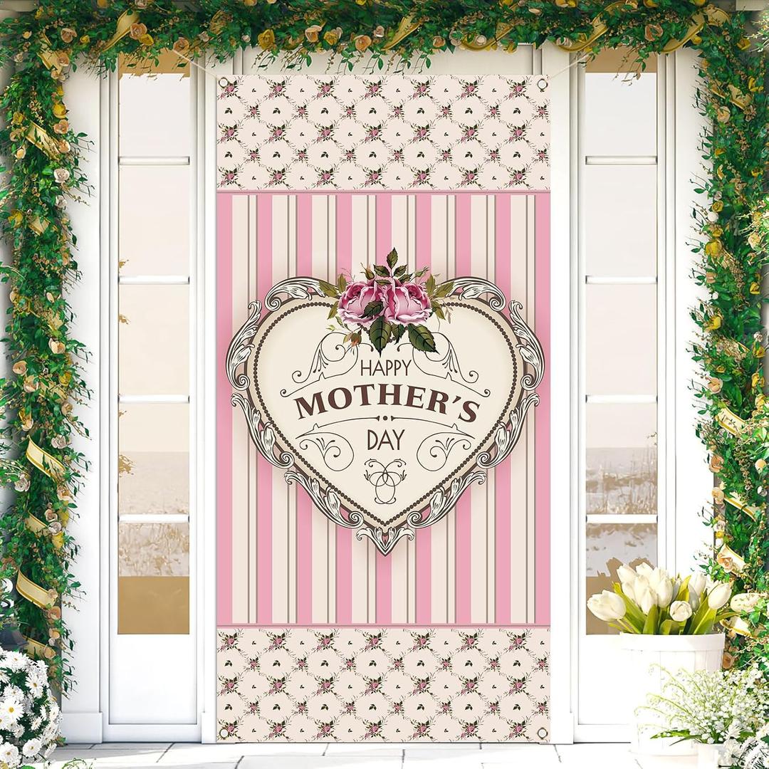 Sunwer Happy Mother's Day Door Cover Love Heart Floral Best Mom Ever Decoration Front Porch Sign Backdrop Banner