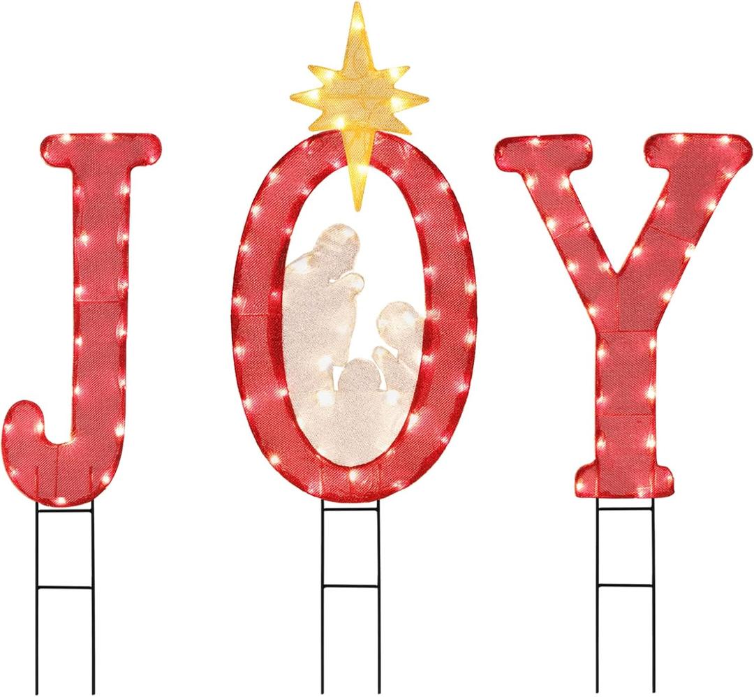 BAYN Joy Chrismas Nativity Yard Sign Outdoor Decorations, 3 PCS 45 Inch High Large Yard Garden 100 Lights Signs Decorated with Gold Star for Winter Holiday Home Pathway Lawn Walkway Display Decor