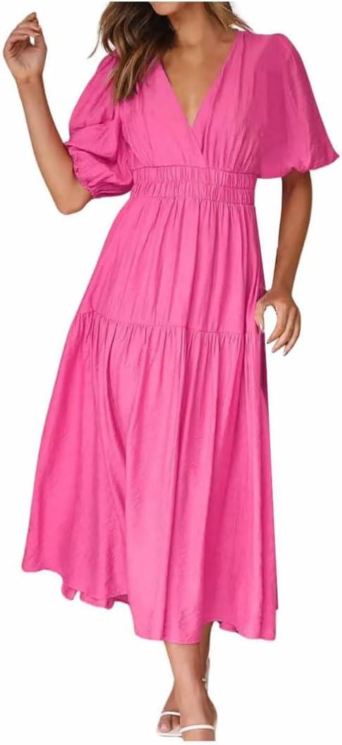 Women's V-Neck Long Summer Puff Short Sleeve Maxi A-Line Slim Waist Pleated Dresses (Medium, Hot Pnnrk)
