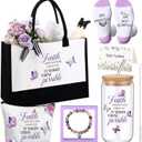 Pickmesh 7 Pack Christian Gifts for Women,Religious Church Gift Set for Mothers Day,Bible Tote Bag, Inspirational Coffee Cup, Christian Socks, Faith Makeup Bag, Stone Bracelet, Greeting Card with Box