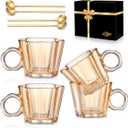 Vintage Glass Coffee Mugs Set of 4, 11oz Creative Flower Glass Coffee Cups with Spoons - Cute Tea Cups with Handle, Art Glassware, Unique Birthday Gifts (Amber)