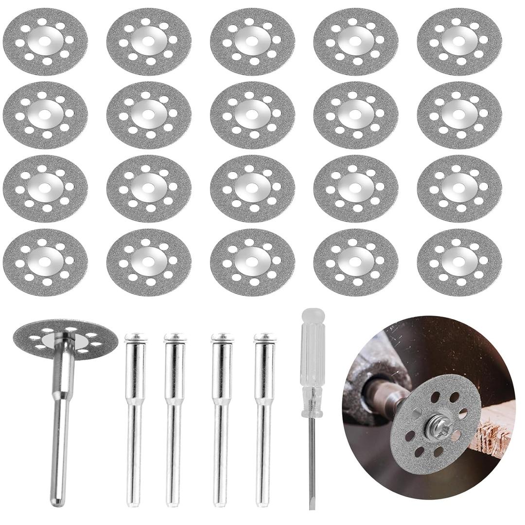 25 Pcs Diamond Cutting Wheel Set Compatible with Dremel Rotary Tool, 22mm Cut-Off Discs with 4 Pcs 402 Mandrel (3mm Shank) & Screwdriver, Durable Saw Blades for Metal Glass Stone Cutting