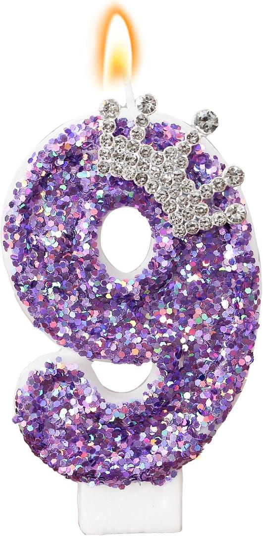Purple Crown Birthday Candle, Glitter Number 9 Cake Topper With Sequins for Anniversary Celebrations Supplies