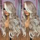 Beige Brown Ombre Platinum Blonde Long Wavy Synthetic Lace Front Wig Pre Plucked Skunk Stripe Highlight White Blonde Ash Brown Glueless 13x4 Lace Front Wigs for Women 24 Inches